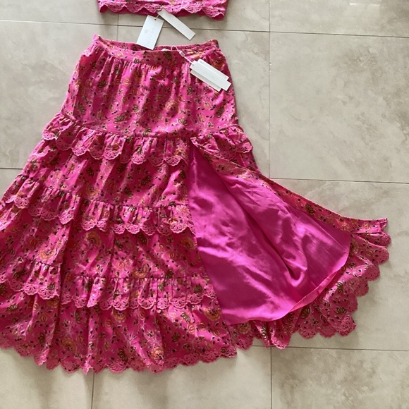 Caroline Constas 2pc Set Crop Spaghetti Top Maxi Skirt Pink Cotton Eyelet Ruffle - Picture 7 of 16